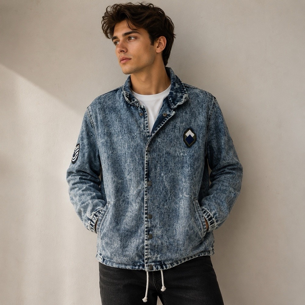 Carbon Mens  Denim Jean Jacket Shacket M Acid Wash Military Patches Grunge Y2K